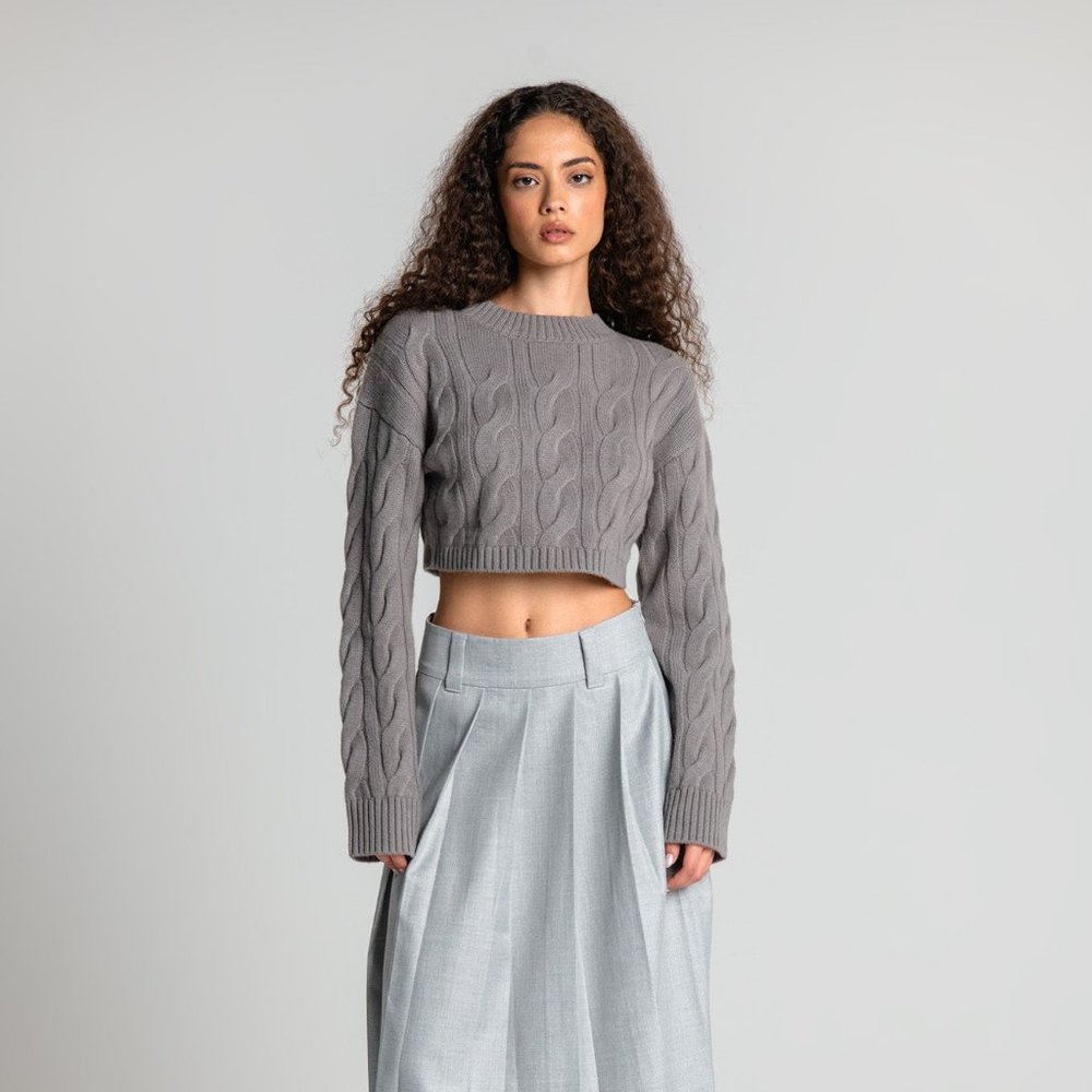 NWT Ahiri Ava Grey Cable Knit Wool Cashmere Blend Sweater Women's X-Small XS